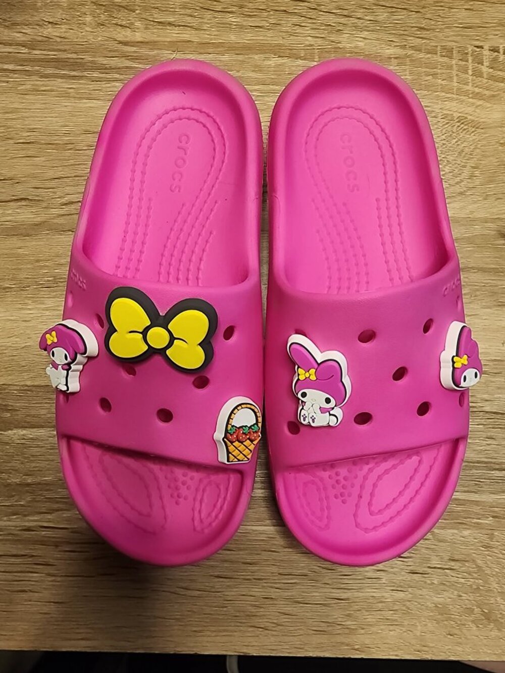 Girls Youth Size 1 Croc Pink Slides With Hello Kitty / Sanrio character charms -